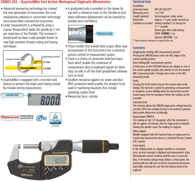 Mitutoyo Digital Micrometer QuantuMike IP65 Inch/Metric, 75-100mm/3-4" 293-188-30 Without OutPut