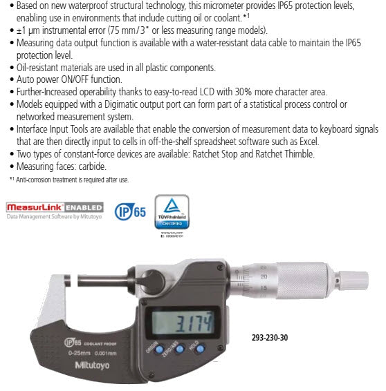 Mitutoyo Digital Micrometer IP65, Inch/Metric 25-50mm/1-2", without Output Item number: 293-345-30 Ratchet Thimble