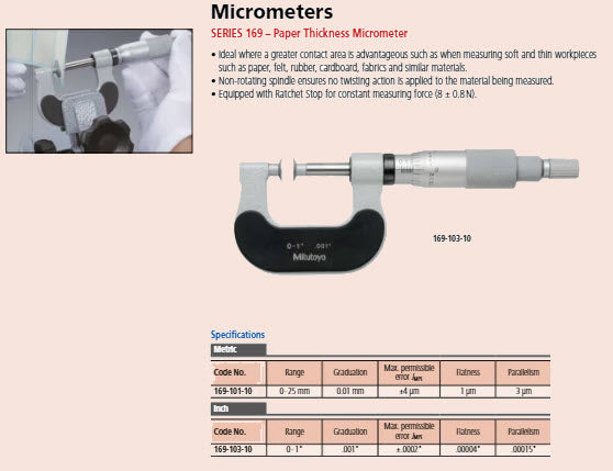 Mitutoyo Disc Micrometer, Non-Rotating Spindle, 0-1", Full Faced, D=14,3mm 169-103-10