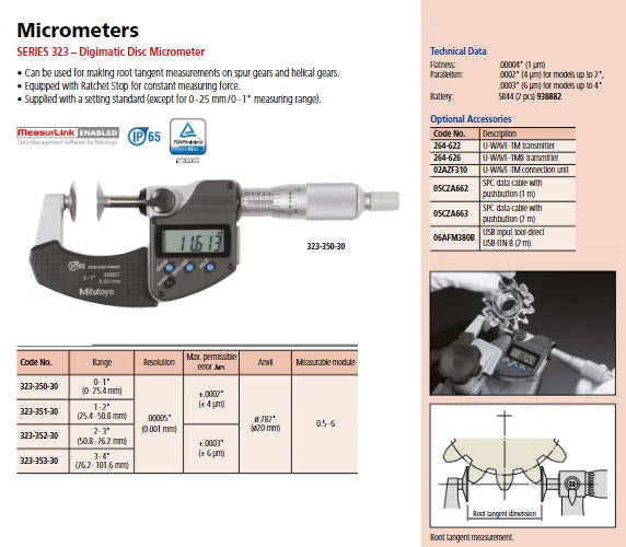 Mitutoyo Digital Disc Micrometer IP65 Inch/Metric, 50-75mm/2-3"Disk=20mm 323-352-30