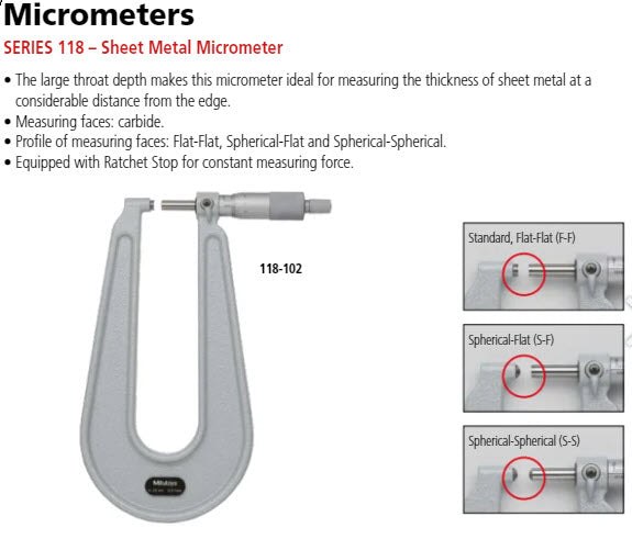 Sheet Metal Micrometer 0-25mm, 50mm Throat 119-129