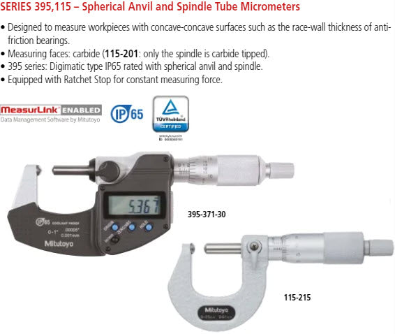 Tube Micrometer, Spherical Anvil/Spindle 1-2" 115-242