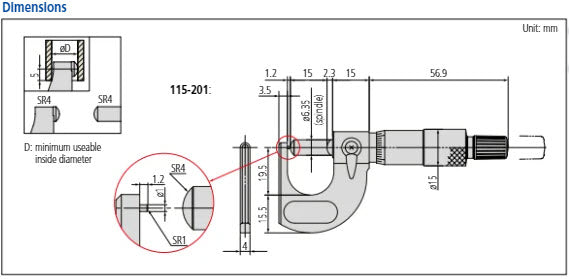 Tube Micrometer, Spherical Anvil/Spindle 1-2" 115-242