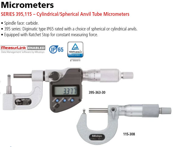 Mitutoyo Digital Tube Micrometer, IP65, Inch/Met. Spherical Anvil Flat Spindle, 0-25mm/0-1" 395-363-30