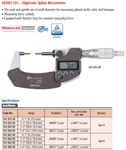 Mitutoyo Digital Spline Micrometer IP65 Inch/Metric, 25-50mm/1-2", 2mm Measuring Face 331-362-30