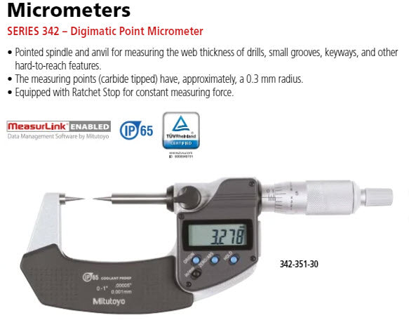 Mitutoyo Digital Point Micrometer IP65 Inch/Metric, 50-75mm/2-3", 30° Tip 342-363-30