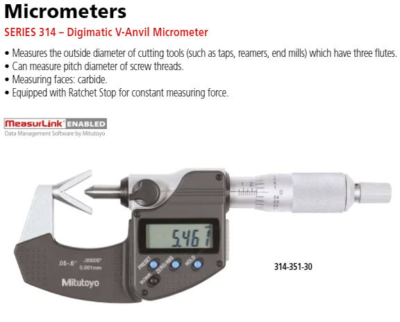 Mitutoyo Digital 3 Flute V-Anvil Micrometer 0,4-1", with Groove 314-352-30