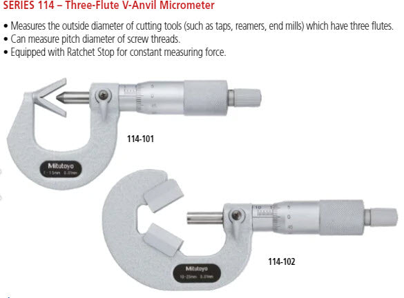 Mitutoyo 3 Flute V-Anvil Micrometer 1-1.6" 114-113