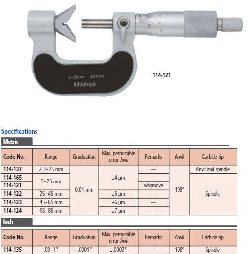 Mitutoyo 5 Flute V-Anvil Micrometer 5-25mm 114-121