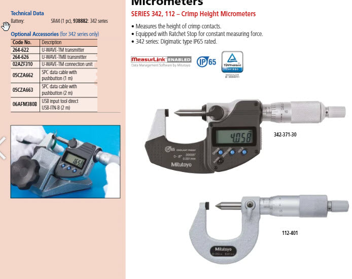 Mitutoyo Crimp Height Micrometer 0-25mm 112-401