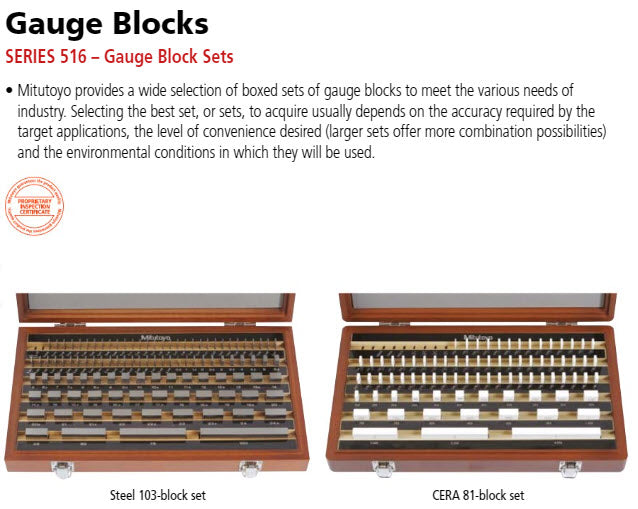 Mitutoyo Gauge Block Set 516-942-10, Metric, Inspec. Cert. 103 pieces grade 0