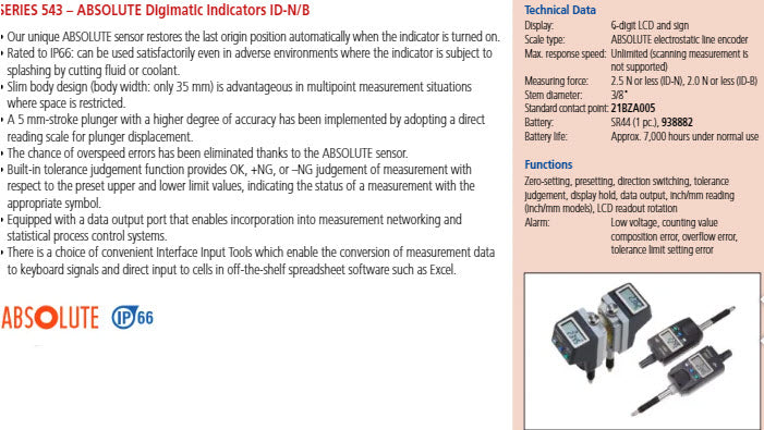 Digital Indicator ID-N, IP66   12.7mm/0.5" .01/.0005" 543-571