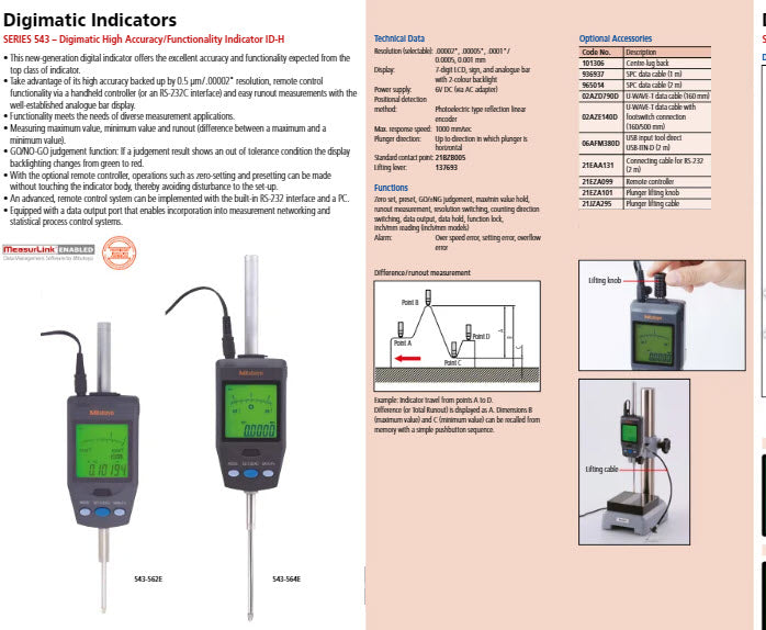 Digital Indicator High Accuracy ID-H,  60.9mm/2.4", BS AC-Adapter, .0005mm/.00002"  543-562E