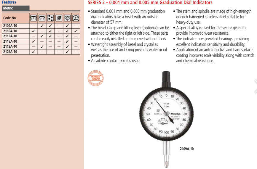 Dial Gauge, Flat Back, ISO Type Jewelled Bearing, 5mm, 0,005mm 2124AB-10