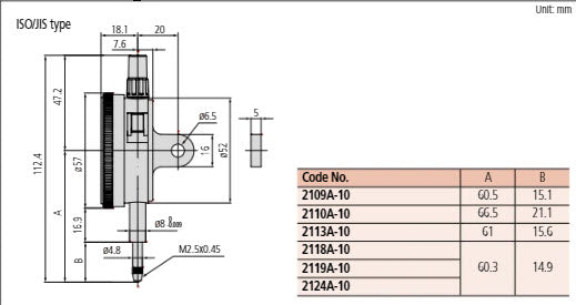 Dial Gauge, Flat Back, ISO Type Jewelled Bearing, 5mm, 0,005mm 2124AB-10