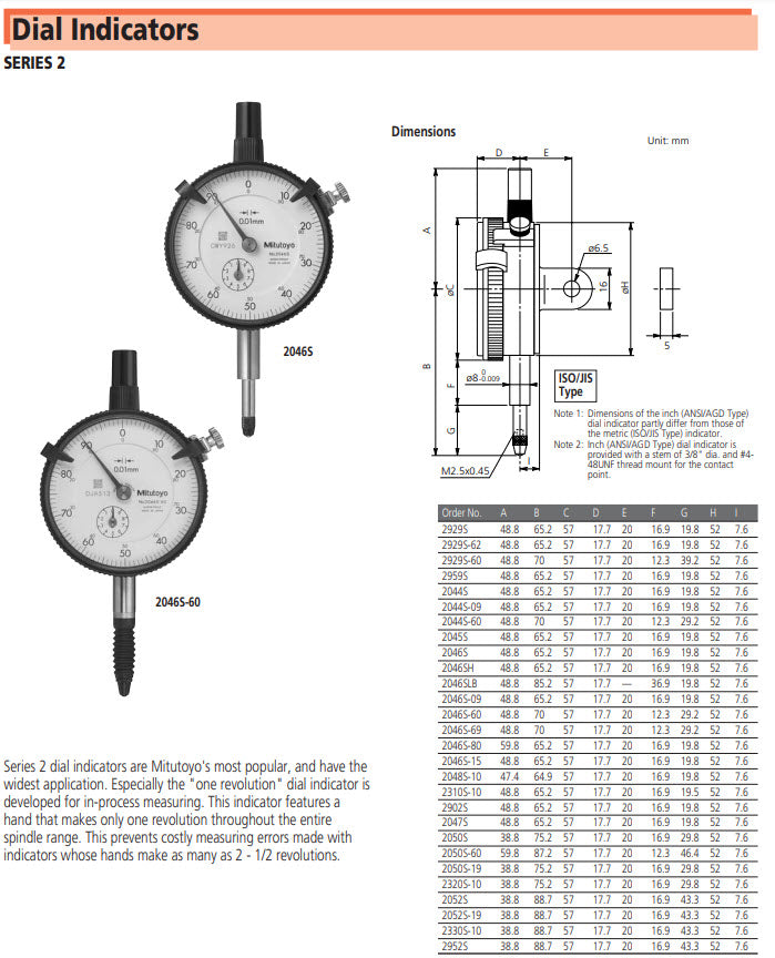 Dial Gauge, Lug Back, ANSI/AGD Type 10mm, 0,01mm 2902A-01, 3/8" shank for Bore Gauge