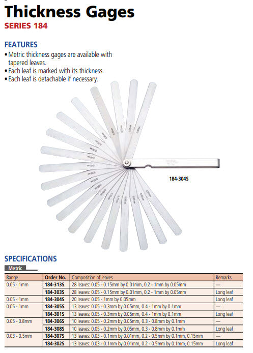 Thickness/Feeler Gauge 0,05-0,8mm, 10 Leaves, 150mm Blade 184-308S