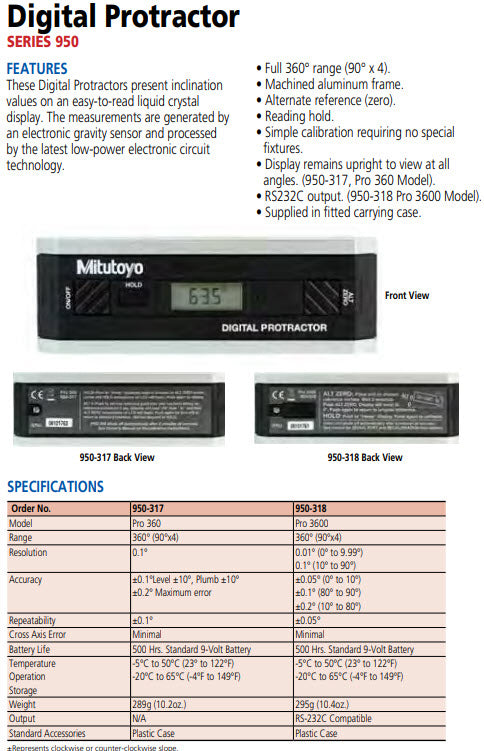 Mitutoyo 950-317 Digital Precision Level 360° Protractor Model Pro 360