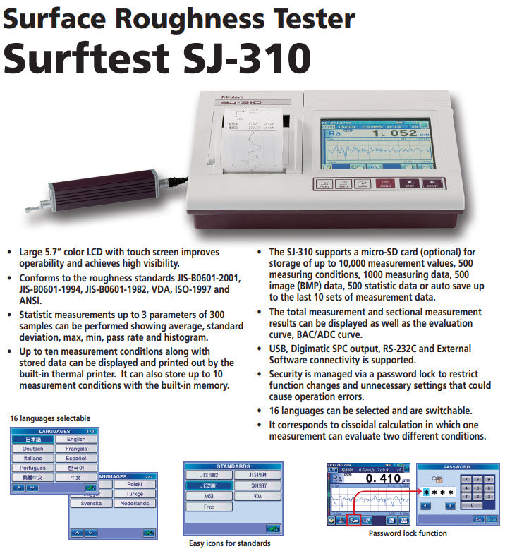 Mitutoyo Surftest 178-571-11E Series SJ-310 Portable Surface Roughness Tester, Detector 2 mN taper angle 60 degree Radius .002mm, .75mN Force