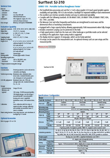 Mitutoyo Surftest 178-571-11E Series SJ-310 Portable Surface Roughness Tester, Detector 2 mN taper angle 60 degree Radius .002mm, .75mN Force