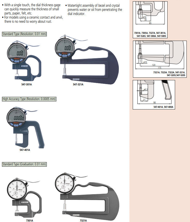 Dial Indicator Thickness Gauge, Groove Depth, 0-10mm 7315A