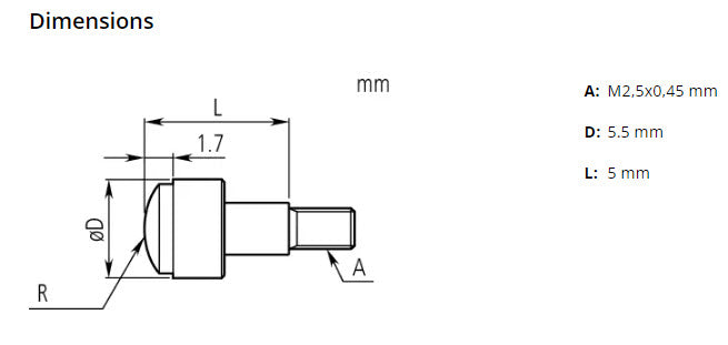 Mitutoyo 120059 Carbide Spherical Point M2.5 x .45 Diameter 7.5mm, SR 7mm Length 10mm (Copy)