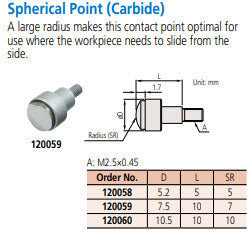 Mitutoyo 120060 Carbide Spherical Point M2.5 x .45 Diameter 10.5mm, SR10mm Length 10mm