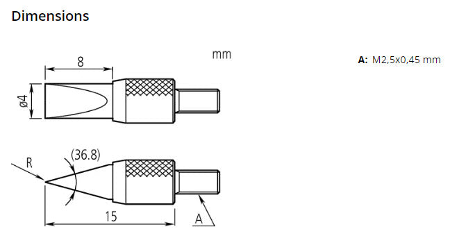 Mitutoyo 120067 Contact Element Knife Edge, M2.5x0.45, R=0.25mm, Carbide, Metric, 25°