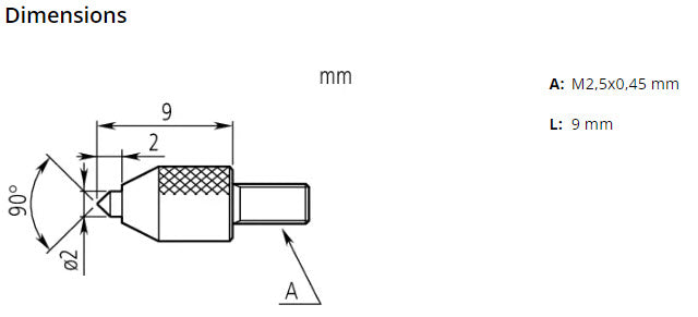 Mitutoyo 120057 Carbide Tip Conical Point Extension Rod, Ø2 x 2mm, 90° Tip