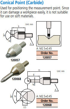 Mitutoyo 120068 Carbide Tip Conical Point Extension Rod, Ø1 x 0.5mm, 90° Tip