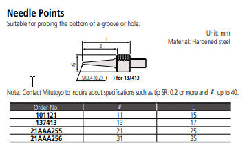 Mitutoyo 137413 Needle Point Extension Rod, Ø0.2 x 13mm