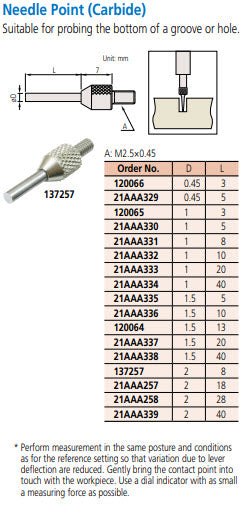 Mitutoyo 120065 Needle Carbide Contact point Flat, Diameter 1mm x 3mm length M2.5 x .45mm