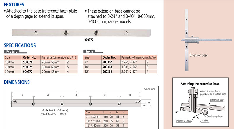 Mitutoyo Extension Base, Depth Gauge 900371, 260mm