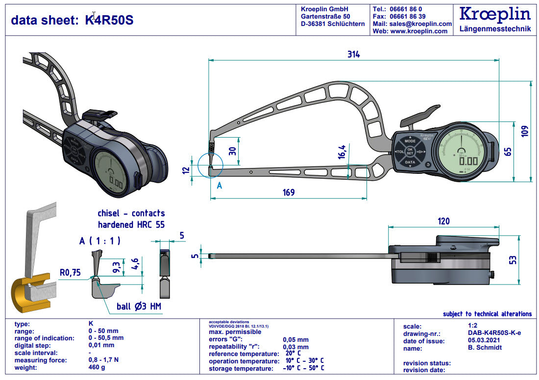 Kroeplin Digital Tube Wall Caliper Gauge 0-50mm, 0.001mm K4R50S( Mitutoyo Equivalent 209-958)