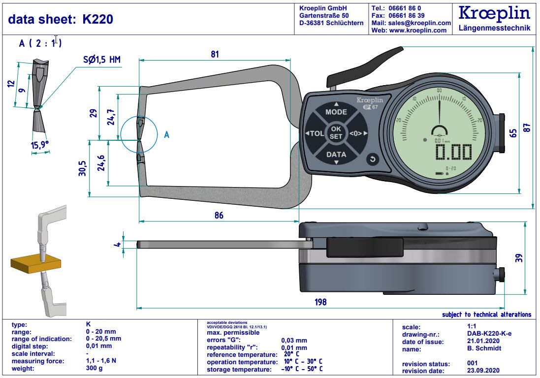 Kroeplin Digital External Caliper Gauge 0-20mm, 0.001mm K220 (Mitutoyo Equivalent 209-932)