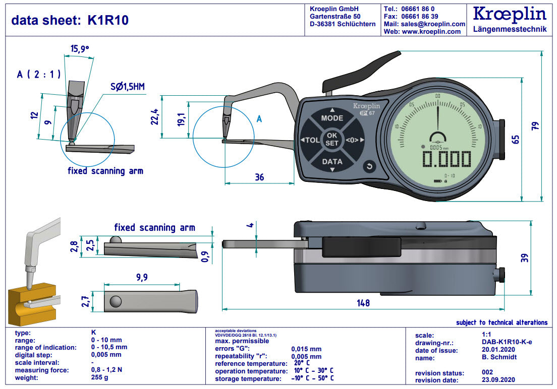 Kroeplin Digital Tube Wall Caliper Gauge 0-10mm, 0.001mm K1R10( Mitutoyo Equivalent 209-943)