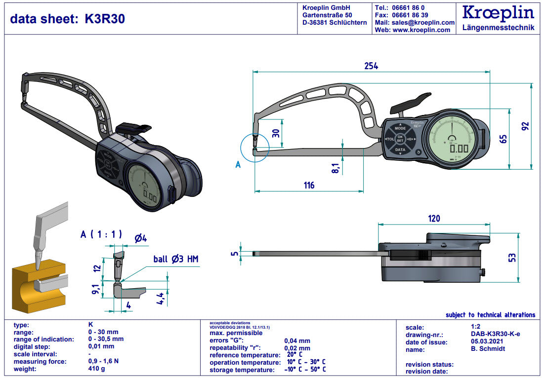 Kroeplin Digital Tube Wall Caliper Gauge 0-30mm, 0.001mm K3R30