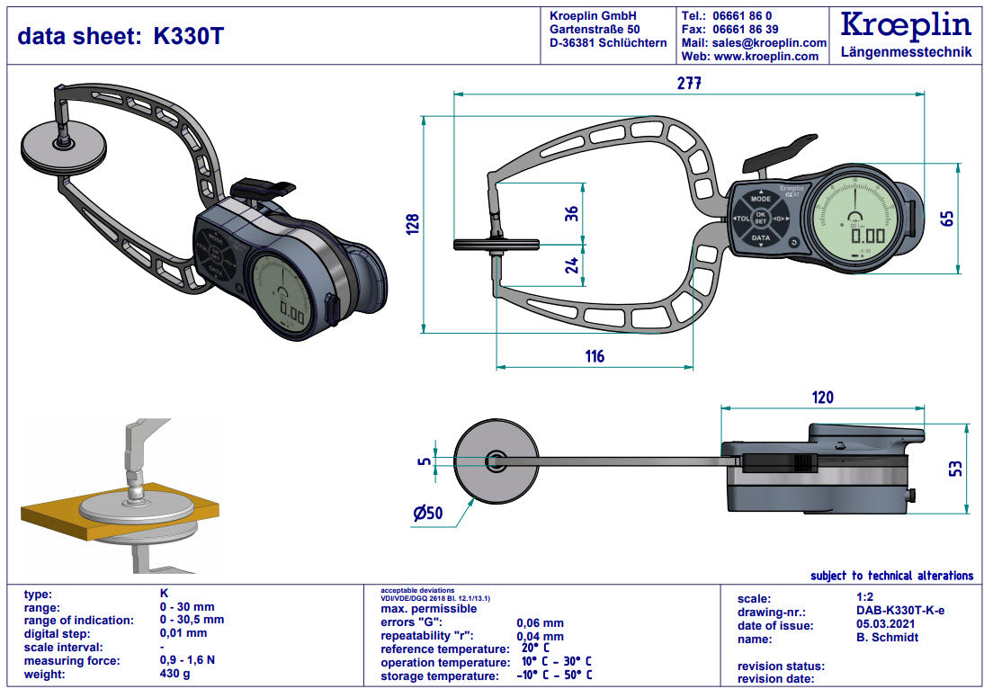 Kroeplin External Digital Caliper Gauge K330T, 0-30mm With Disc 50mm ( Mitutoyo Equivalent 209-953)