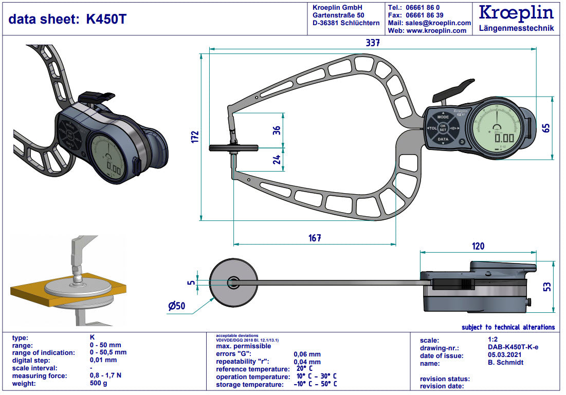 Kroeplin External Digital Caliper Gauge K450T, 0-50mm, 50mm Disc for measuring Foam( Mitutoyo Equivalent 209-956)