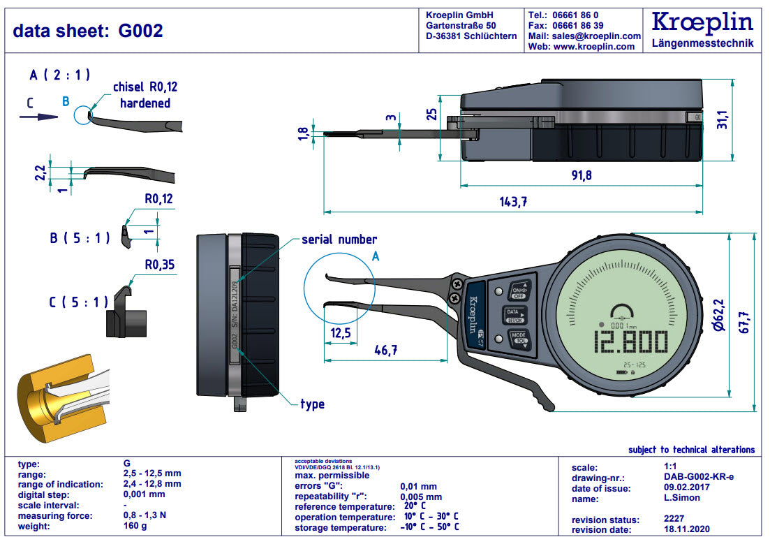 Kroeplin External Digital  groove Caliper Gauge G005 range 5-20mm/.2-.8" ( Mitutoyo Equivalent 209-928)