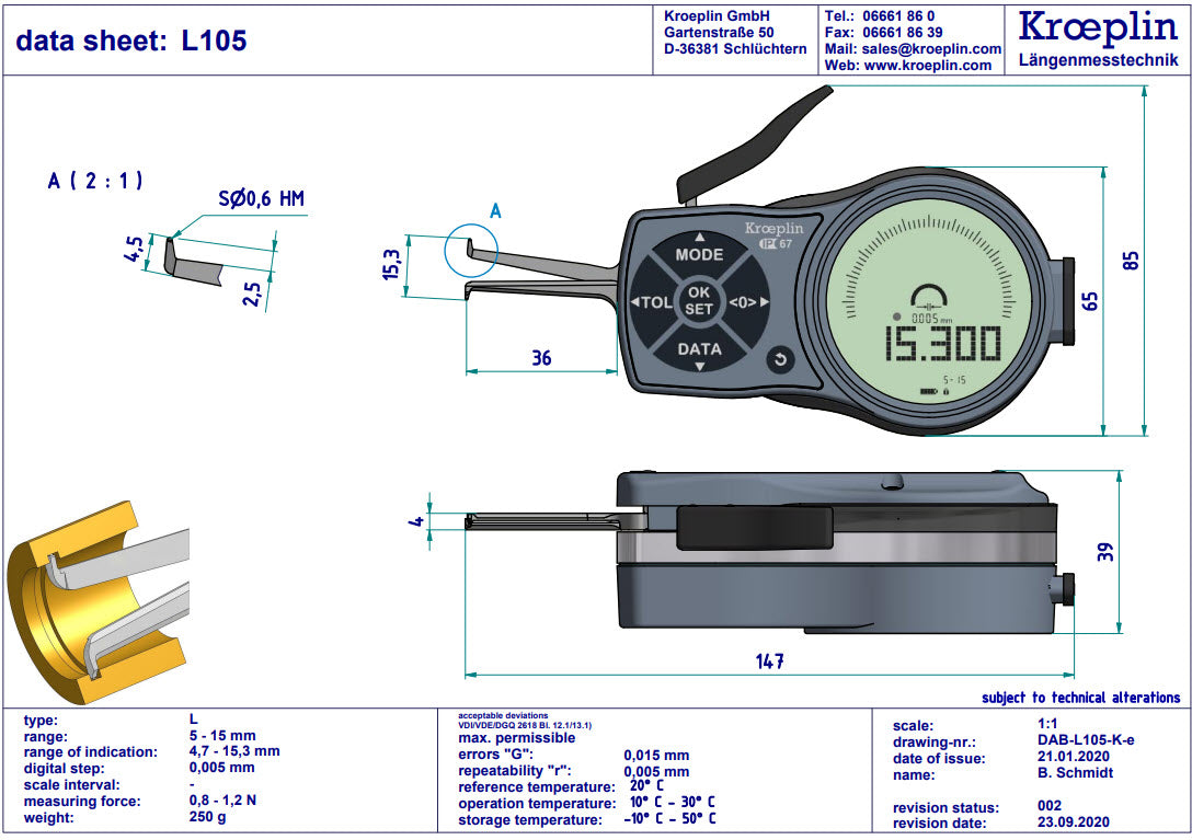 Kroeplin Internal Digital Caliper Gauge L105, 5-15mm/.2-.6" ( Mitutoyo Equivalent 209-935)                                                     ( Mitutoyo Equivalent 209-946)