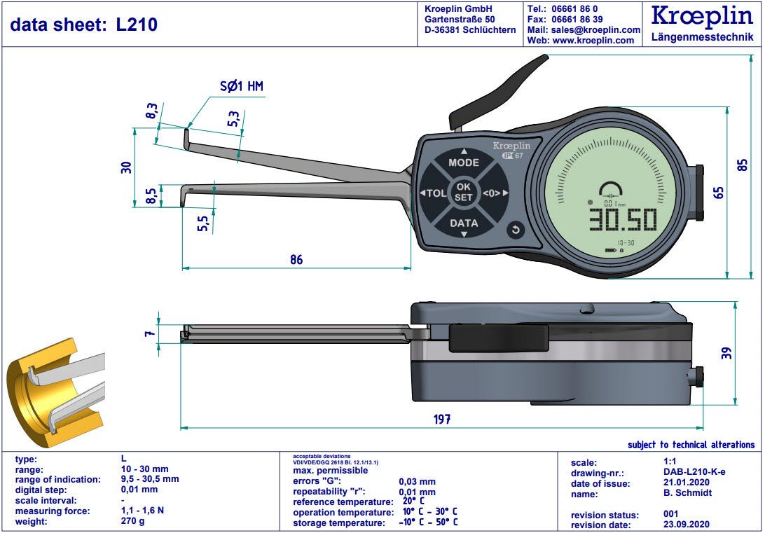 Kroeplin Internal Digital Caliper Gauge L210, 10-30mm/.4-1.2" ( Mitutoyo Equivalent 209-936)