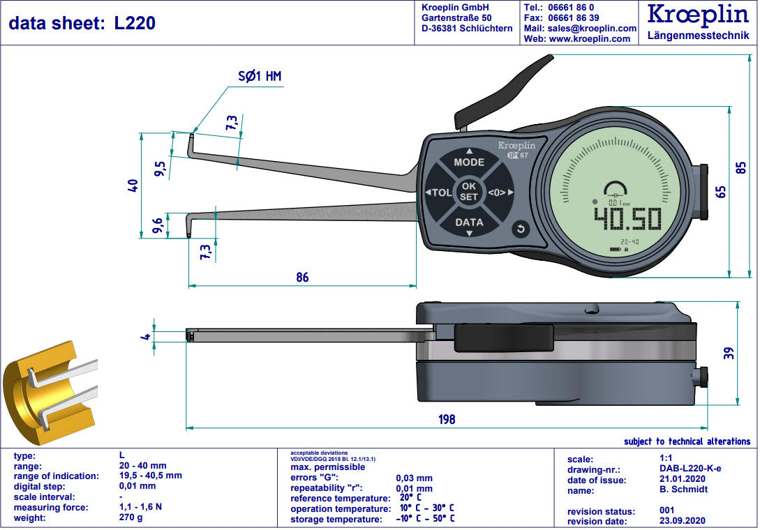 Kroeplin Internal Digital Caliper Gauge L220, 20-40mm/.8-1.6" ( Mitutoyo Equivalent 209-937)