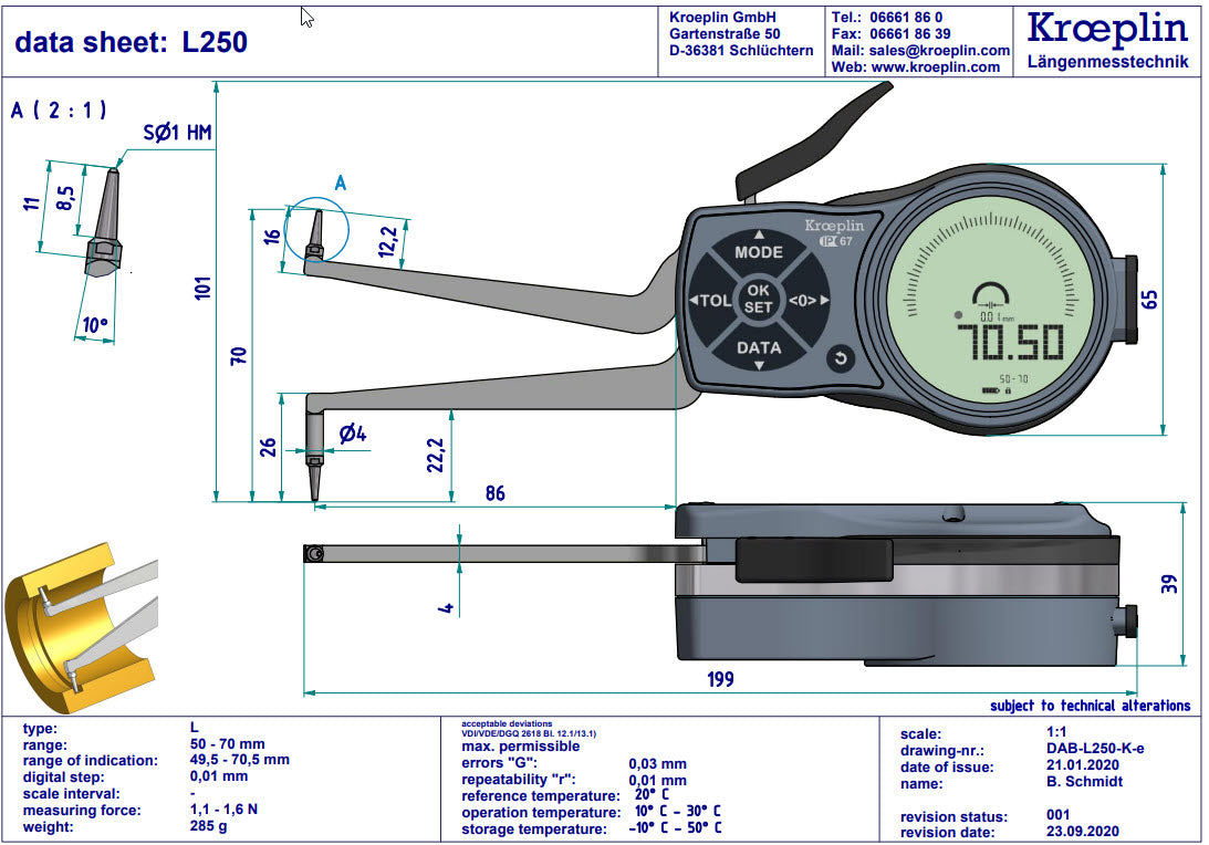 Kroeplin Internal Digital Caliper Gauge L250, 50-70mm/2-2.8" ( Mitutoyo Equivalent 209-940)