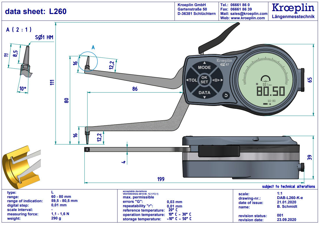 Kroeplin Internal Digital Caliper Gauge L260, 60-80mm/2.4-3.2" ( Mitutoyo Equivalent ( Mitutoyo Equivalent 209-941)