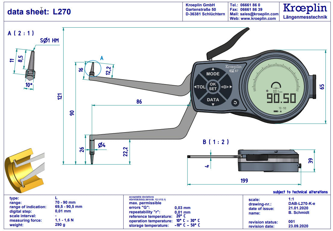 Mitutoyo Internal Digital Caliper Gauge 209-942, 70-90mm/2.8-3.6" ( Kroeplin Equivalent L270 )