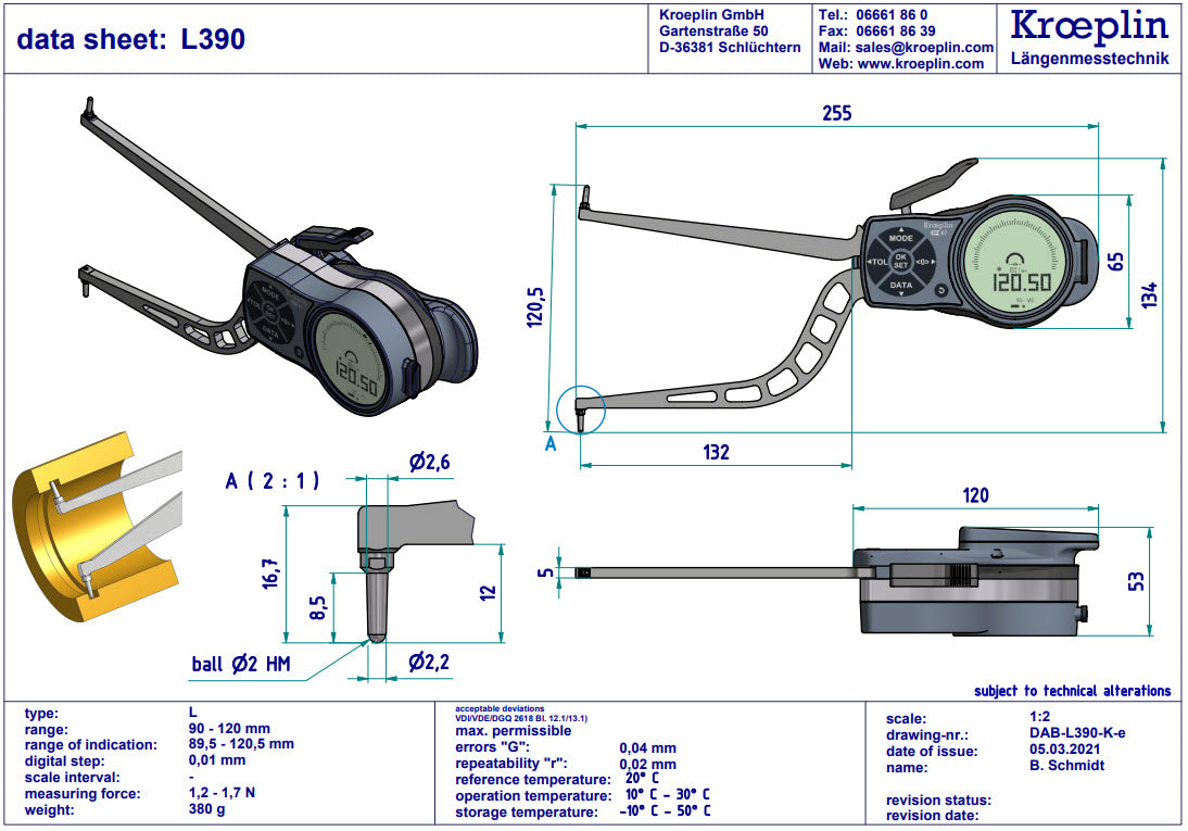 Kroeplin Internal Digital Caliper Gauge L390, 90-120mm/3.6-4.8" ( Mitutoyo Equivalent 209-949)