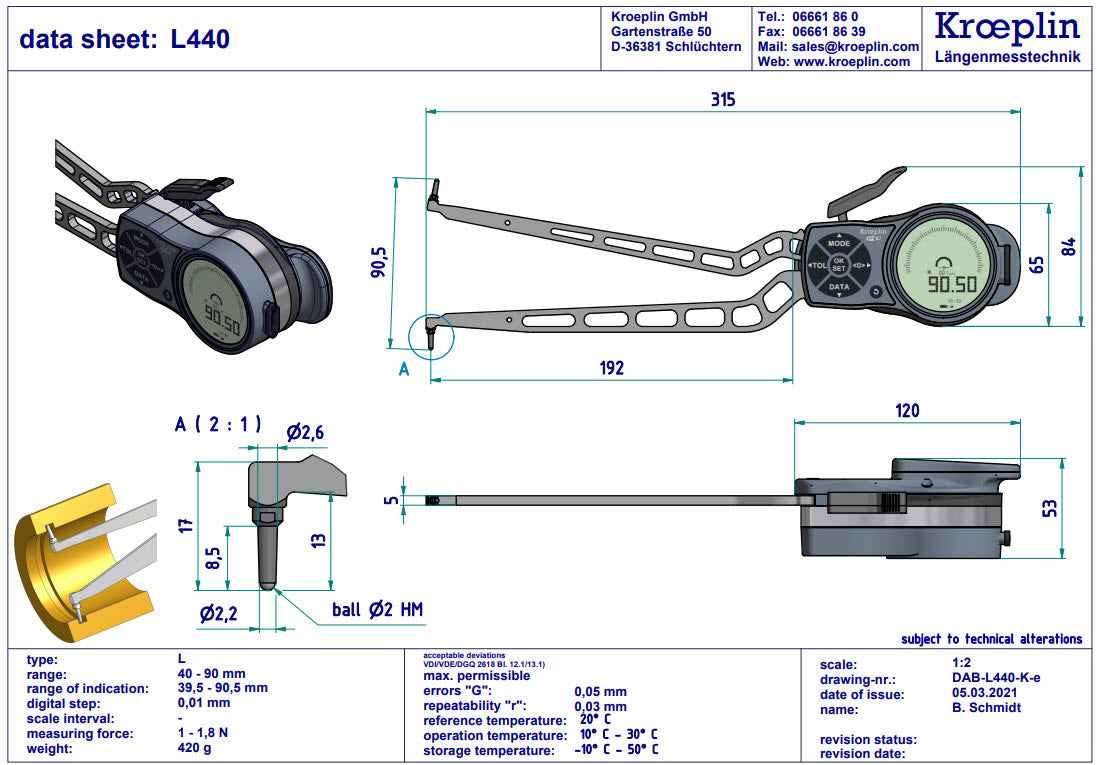 Kroeplin Internal Digital Caliper Gauge L415, 15-65mm/.6-2.6"( Mitutoyo 209-945)