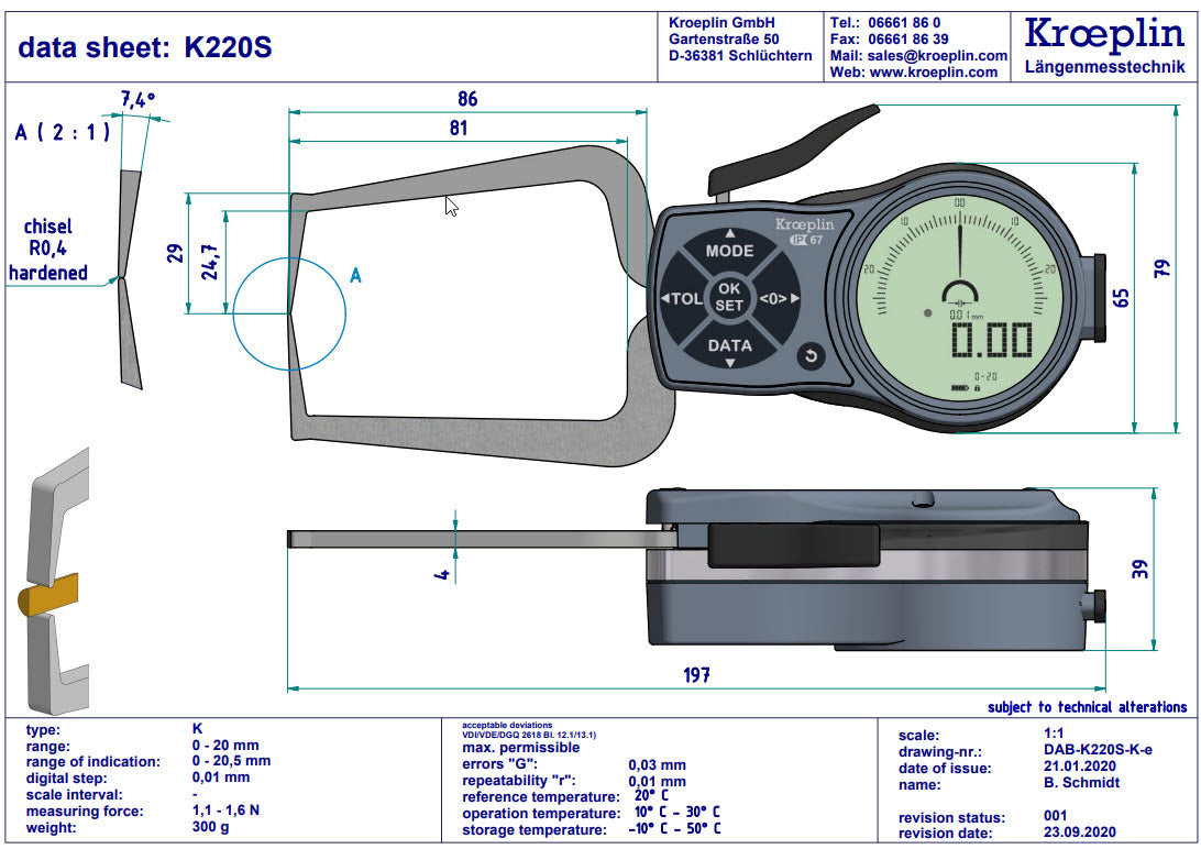 Kroeplin Digital External Caliper Gauge 0-20mm/0-.8", 0.001mm K220S