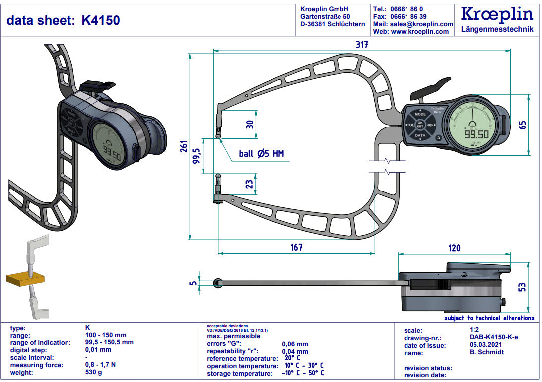 Kroeplin Digital External Caliper Gauge 100-150mm, 0.001mm K4150